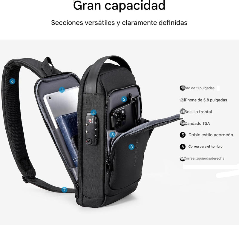 Bolso Cruzado Antirrobo Negro con Puerto USB